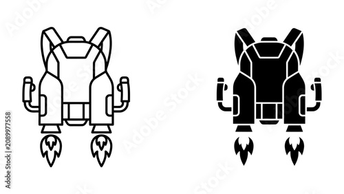 Canvas Print Jetpack: A futuristic jetpack, depicted in both outline and solid black, ready for flight with flames erupting from its thrusters