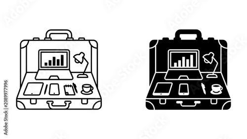 Foto Open Briefcase with Office Setup: An open briefcase displays a compact office setup, complete with a laptop showing financial charts, a desk lamp, tablet, smartphone, and a cup of coffee