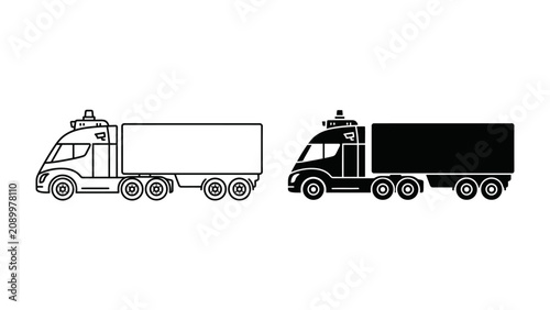 Foto Autonomous Truck Silhouette: A modern autonomous truck depicted in both line art and solid silhouette, highlighting its advanced technology and presence on the road