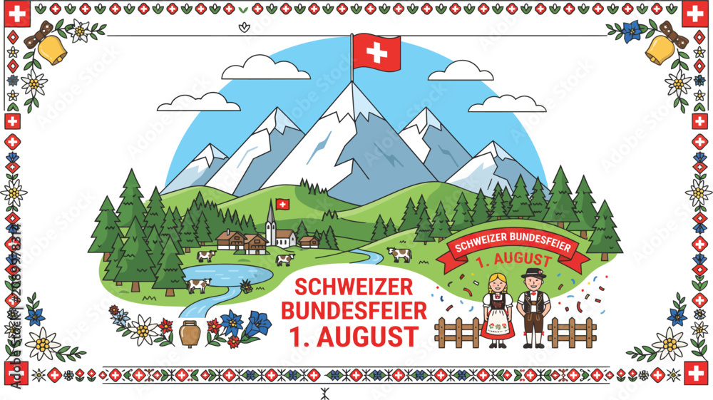 Obraz premium Switzerland national day postcard template with detailed aerial view of alpine nature valley rivers mountains and village