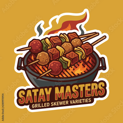 A lively illustration of grilled skewers filled with various meats and vegetables showcases the excitement of grilling, evoking culinary warmth and communal meals.