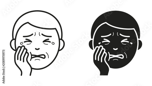Valokuva Crying Face Icon: Two illustrative icons depict a person's face in distress, with tears streaming down and hand pressed to cheek, conveying intense sadness and pain