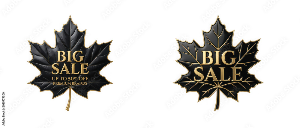 Fototapeta premium Set of two black maple leaf icons with gold text big sale isolated on transparent background