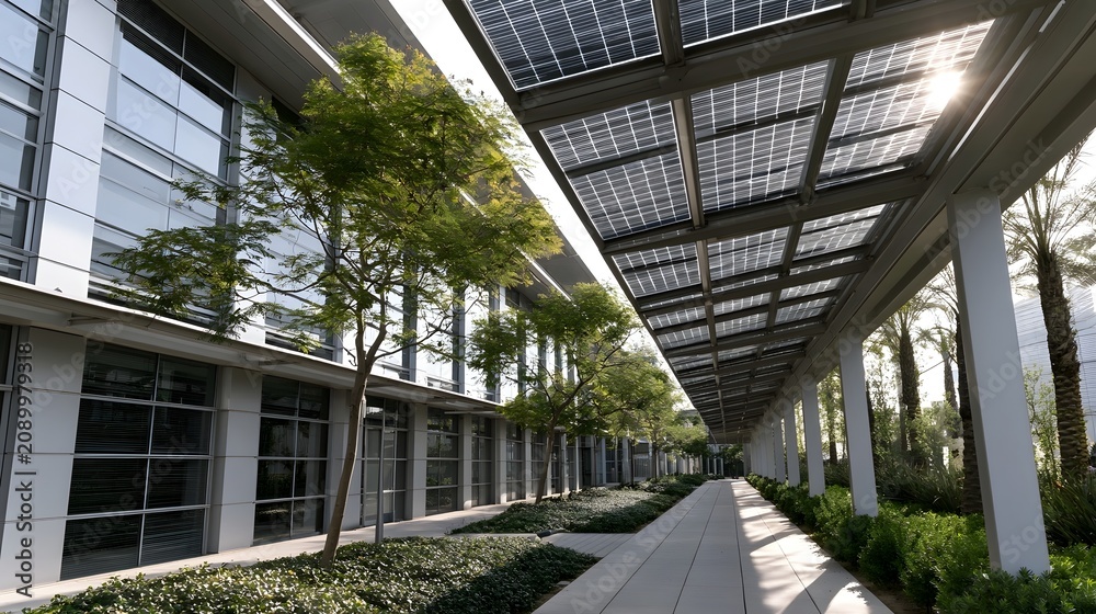 Obraz premium Solar panels cover walkway beside glass building with trees and greenery under bright daylight
