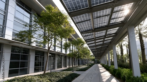 Solar panels cover walkway beside glass building with trees and greenery under bright daylight