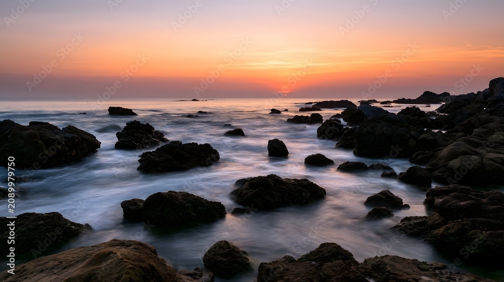 Obraz premium Golden sunset glows over calm ocean waters flowing around dark rocky formations at dusk along a serene coastline