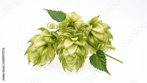 Fresh green hop cones with leaves isolated on white background