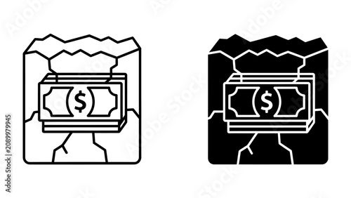 Foto Money in Crisis: A stark depiction of financial hardship, showing a stack of banknotes with dollar signs encased in cracked, dry earth, symbolizing economic instability and debt