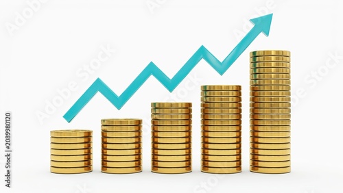 Shiny gold coin stacks with a bright blue upward arrow