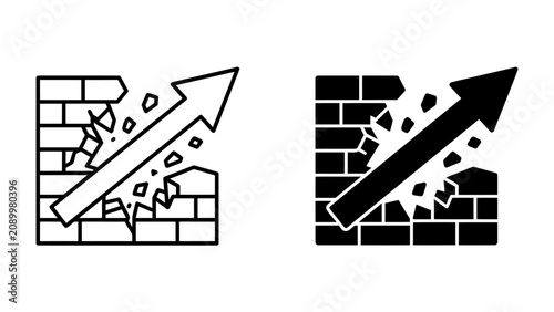 Foto Breaking Through Barriers: An upward arrow piercing through a brick wall, symbolizing overcoming obstacles and achieving breakthrough success