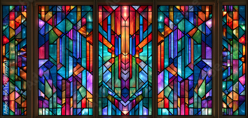 An abstract, colorful stained glass window with Art Deco geometric patterns. This design is perfect for a luxurious modern interior. It also features a vintage pattern and transparency, offering a mul