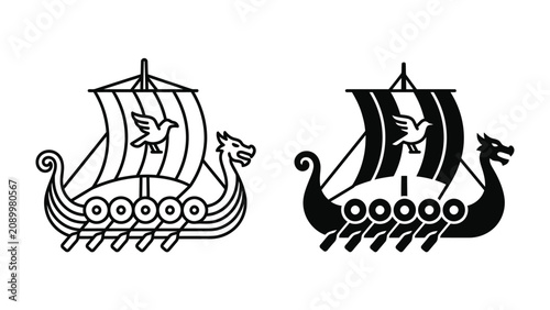 Photos Viking Ship Iconography: A stylized depiction of a Viking longship, showcasing its distinctive dragon head prow and single square sail adorned with a dove symbol