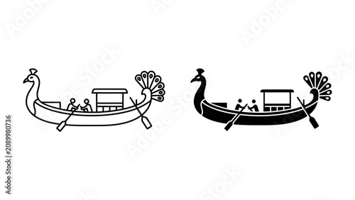Photos Peacock Shaped Boat Icon: Two simple line art icons, one black and white, depict a boat shaped like a peacock, with two figures rowing and a canopy