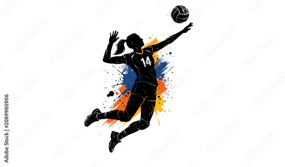 Fototapeta premium Women's Volleyball Overhand Serve Grunge Black Silhouette Editable Vector Design