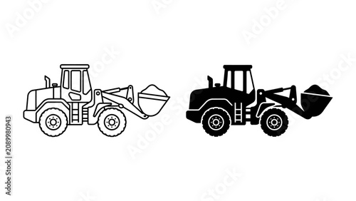 Фотография Wheel Loader Icons: Two simplified illustrations of a wheel loader, one in outline and one in solid black, showcase the heavy machinery used in construction and material handling
