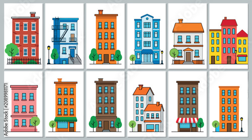 Schilderij op canvas Flat Cartoon City Building Facades Icon Set with Colorful Apartments, Residentia