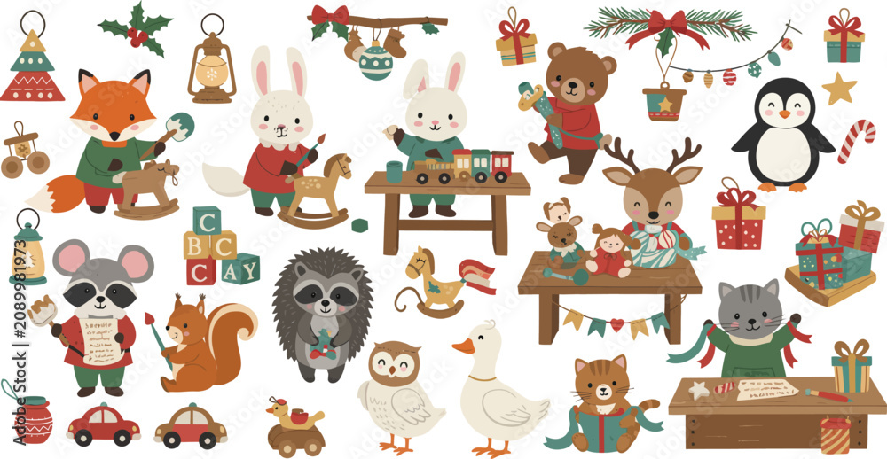 Obraz premium Set of cute woodland animals celebrating christmas with gifts decorations and toys in a whimsical hand drawn watercolor style illustration