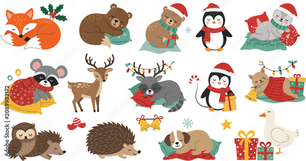 Obraz premium Set of cute woodland animals celebrating christmas with gifts wearing santa hats and scarves isolated on a white background illustration collection