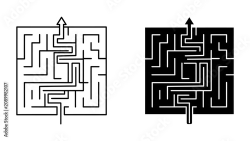 Cuadro en lienzo Maze Navigation: Two contrasting mazes, one white and one black, illustrate complex paths leading to a clear upward arrow, symbolizing challenges and solutions