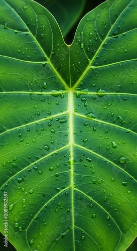 A close-up of a vibrant green leaf with water droplets on its surface