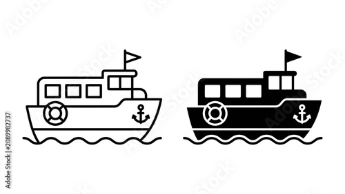 Fotografía Ferry Boat Icon: A simple, stylized illustration of a ferry boat shown in both line art and silhouette, floating on gentle waves, with an anchor and life preserver visible