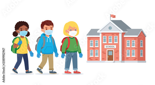 Foto Children With Backpacks And School Building Flat Vector Illustration