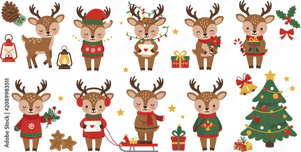 Fototapeta premium Set of cute watercolor christmas reindeer characters wearing festive winter clothes with holiday decorations and a decorated pine tree illustration