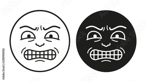 Bilde på lerret Angry Faces Iconography: Two circular icons depict an angry face with furrowed brow and clenched teeth, one in outline and the other in silhouette, representing strong negative emotion