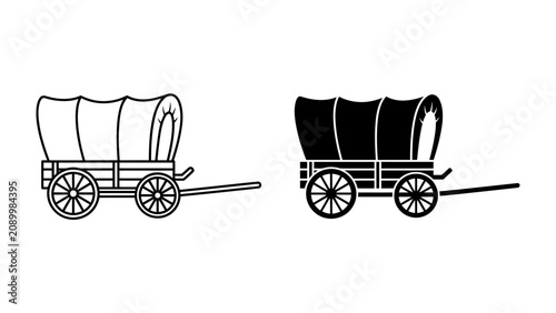 Fotografía Covered Wagon Vector Set: Two graphic representations of a classic covered wagon, one in outline and the other in silhouette, depicting historical transportation