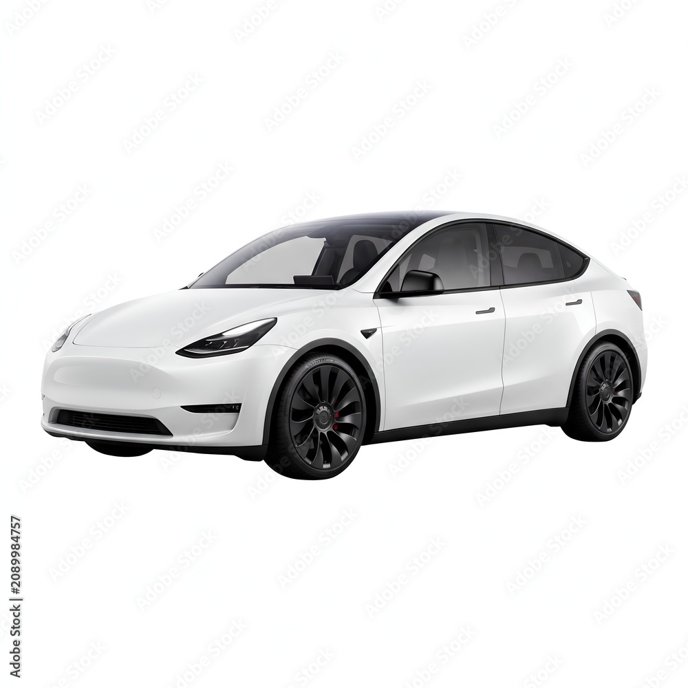 Naklejka premium Modern white electric car with sleek design on clean white background
