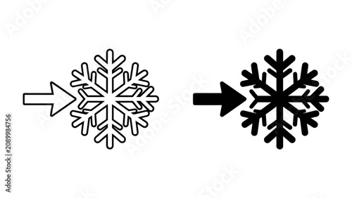 Cuadro en lienzo Snowflake Icon with Arrow: A clear graphic representation of a snowflake with an arrow pointing towards it, presented in both outlined and solid black versions