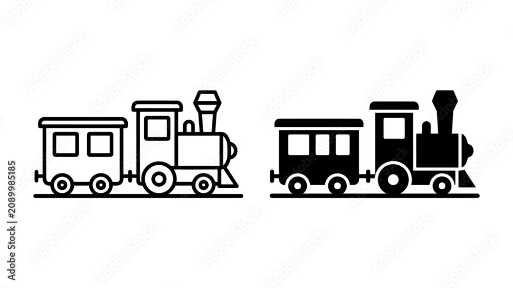 Naklejka premium Vintage Train Icon: A classic steam locomotive paired with a passenger car, presented in both outline and solid black silhouettes.