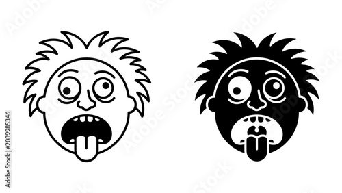 Fotografie Scared Face Icon: Two graphic representations of a scared or shocked face with wide eyes, messy hair, and tongue sticking out, conveying surprise or fear