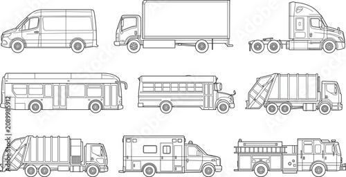 Konstfotografi Commercial and municipal vehicles line art icon set featuring trucks bus ambulan