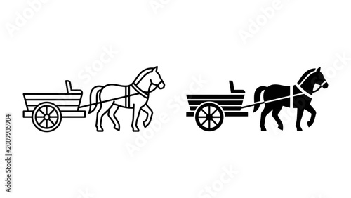 Fotografía Horse and Cart Icons: Two stylized icons, one outlined and one solid black, depict a horse pulling a simple wooden cart, representing traditional transportation