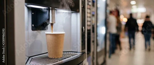 Panel kuchenny z motywem Hot coffee dispensing from vending machine into paper cup in busy public corridor