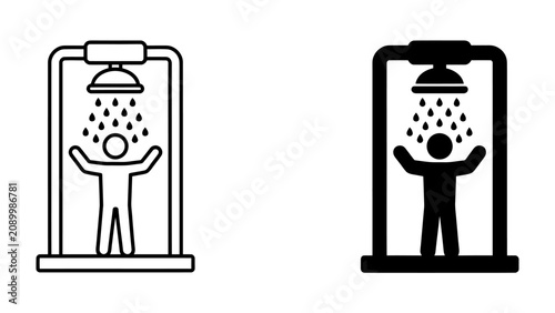 Obraz na płótnie Shower Iconography: Two simple graphic icons represent a person showering under a shower head, with water droplets cascading down