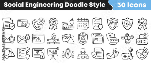 Collection of social engineering security doodle icons for digital protection