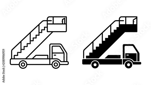 Bild auf Leinwand Airport Stairs Truck Icon: A graphic representation of an airport stairs truck, shown in both outline and solid black, symbolizing boarding and disembarking at an airport