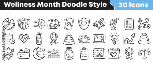 Photos Set of thirty hand drawn wellness month doodle style icons