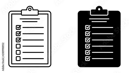Fotografía Checklist Duo: Two distinct clipboard illustrations, one outlined and the other a solid silhouette, both displaying a list with completed and uncompleted items, signifying tasks and progress