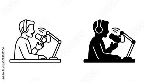 Tableau sur toile Podcast Host Icon: A minimalist graphic illustration depicts a person with headphones speaking into a microphone, representing a podcast host or radio announcer in a studio setting