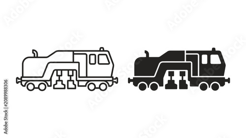 Quadro su tela Railcar Mover Icons: Set of two graphic icons representing a railcar mover, one in outline and the other in solid black, showcasing industrial machinery for moving train cars