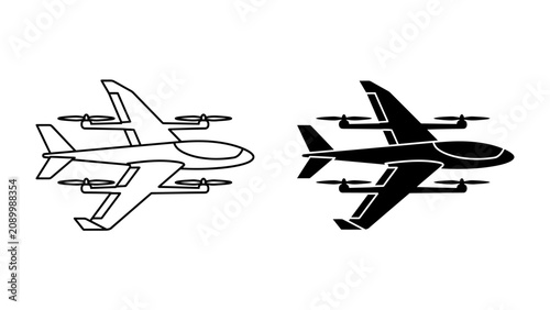 Photography Future VTOL Aircraft Concepts: A conceptual design showcasing innovative vertical take-off and landing (VTOL) aircraft, presented in both line art and silhouette form