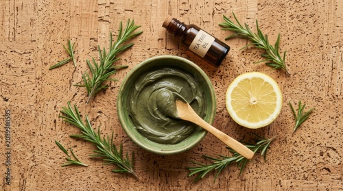 Herbal face mask with rosemary and lemon on wooden table