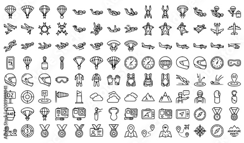 Bild auf Leinwand Professional Skydiving and Parachute Mega Thin Line Icon Set for Adventure Sport