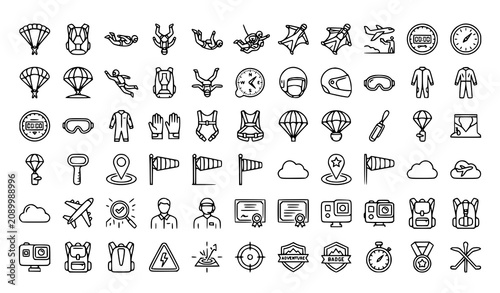 Bild auf Leinwand Skydiving Thin Line Icon Set with Parachute Extreme Sports and Adventure Vector