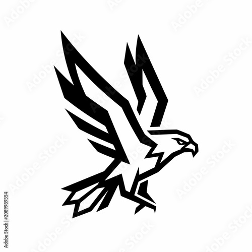 Stylized aggressive black hawk bird mascot logo.