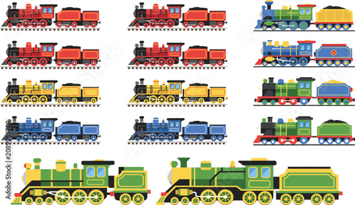 Vintage Steam Locomotive Train Collection Vector Set with Colorful Railway Engines Passenger Freight and Coal Transportation Illustrations