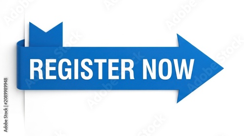 Register Now Call to Action Button with Blue Arrow in Flat Design Style